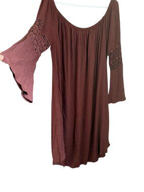 Indulge in Style Dress Sz 2X Brown Boho Off Shoulder Crochet Bell Sleeve Peasant